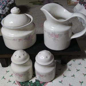 Vintage Pfaltzgraff Trousseau Creamer, Sugar Bowl, and Salt & Pepper Set