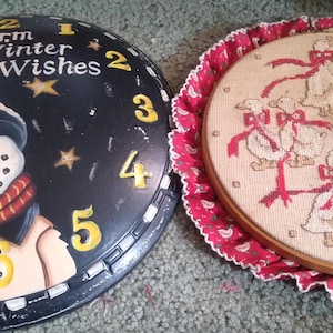 Vintage Counted Cross Stitch Clock: Geese or Metal Snowman, 8&quot; Diameter