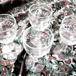 Vintage Laurel Etched Cordials: Small Stemmed Wine Glasses, Anchor Hocking