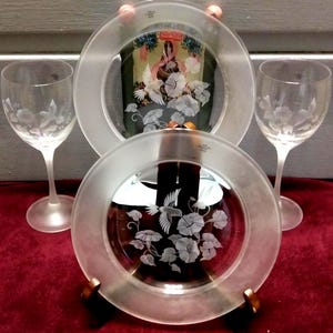 Vintage Avon Crystal Hummingbird Goblets & Plates Set - Wedding Stemware image 1