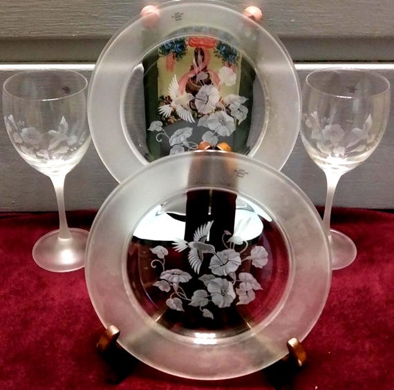 Vintage Avon Crystal Hummingbird Goblets & Plates Set - Wedding Stemware