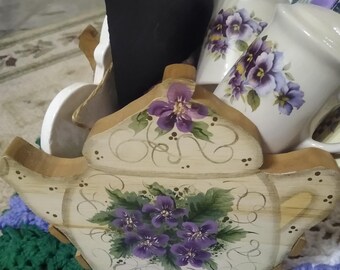 Handmade Wooden Teapot Basket With Violet Accented Kitchen Accessories