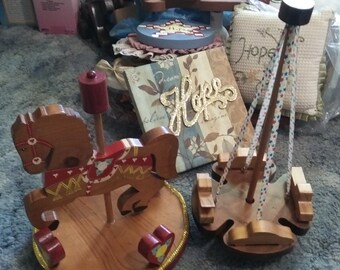 Choice of 2 Wood Toys, Spinning Vehicles, Folk Art, Whirly-Gig, Natural Wood, Handmade, Vintage, or Wood Carousel Horse