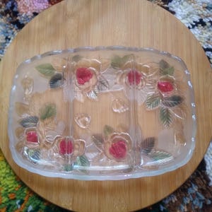 Vintage Mikasa Studio Nova Crystal Relish Tray: Embossed Red Rose Floral