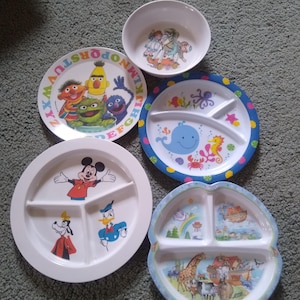 Assortment of Melamine Plates, Unbreakable Dinnerware, Vintage, Sesame Street, Mickey Mouse, Noah's Ark, Fishes, or Raggedy Ann and Andy