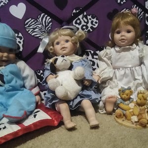 Collect Porcelain Baby Dolls, Rock-a-Bye Puddy Cat, Love Friendship Girl or Girl with Cherished Teddies Vintage