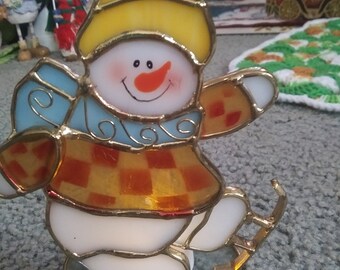 Vintage stained Glass Candle Holder, Vintage Ice Skating Snowman Pattern, Votive Tea Candle, All Season Decor