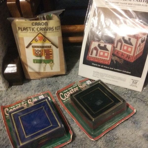 Choice of 3  Plastic Canvas Kits NIP, Swiss Chalet Key Holder, OR Schoolhouse Tissue Box Cover, Or Make Your Own Coasters