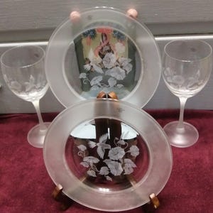 Vintage Avon Crystal Hummingbird Goblets & Plates Set - Wedding Stemware image 2