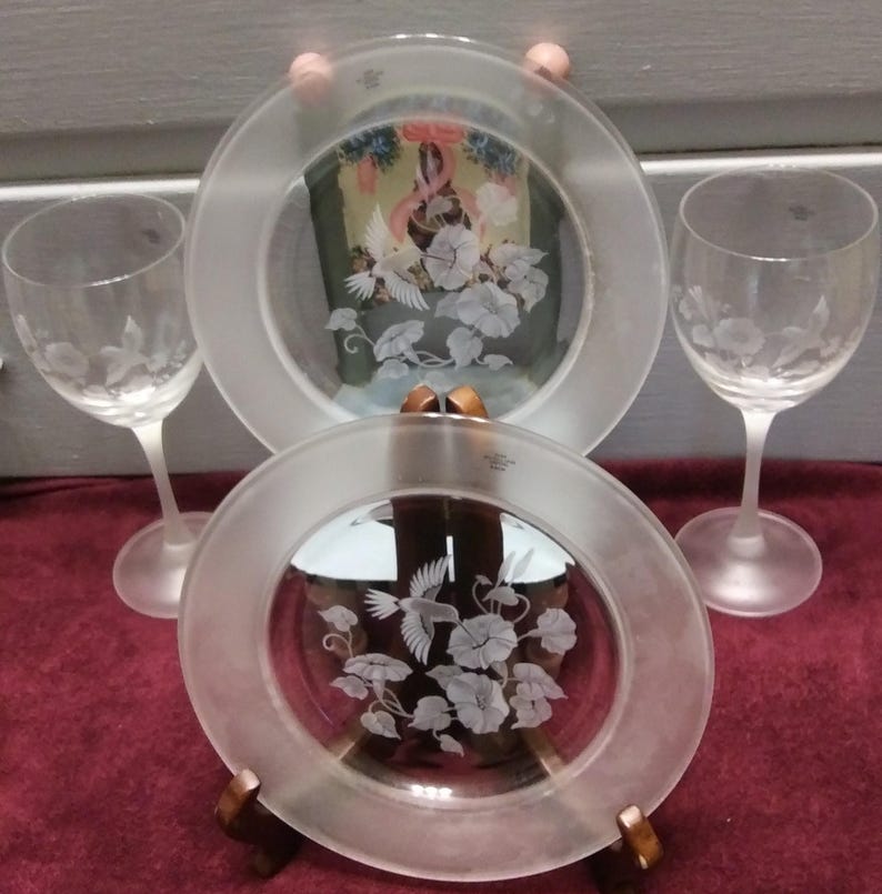 Vintage Avon Crystal Hummingbird Goblets & Plates Set - Wedding Stemware image 2