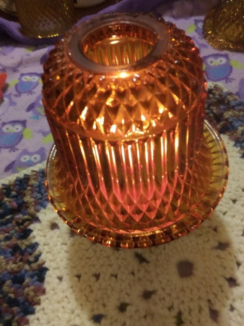 Hurricane Lamp Vintage Indiana Glass Amber Diamond Point Two Piece Fairy Light Candle Holder 6 12 High Brown Color Glass