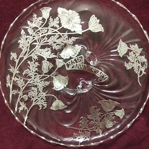 Large 25th Wedding Anniversary Plate Glass Flowers 12&quot; 4 Footed with Silver Overlay,  Vintage Silver City Glass Co 25th Anniversary Plate