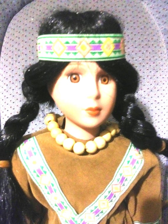 Vintage Porcelain Doll: Suede Indian Outfit, Long Black Hair