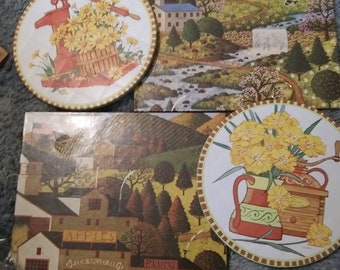 Choice of 2 Sets of 2 Trivets, Pair by Tin Stitchery, Lithographed Quilted Style Hot Pads, Or 2 Square Tins, landscape Folk Wall Art
