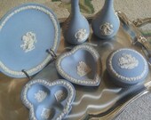 Vintage Wedgwood Clover Trinket , Jasperware Chariot plate, Heart Shaped Trinket Dish, Trinket Box With Lid, 2 Jasperware Bud Vases