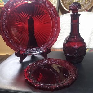 Vintage Avon Cape Cod Ruby Red Glass Platter and Decanter Set