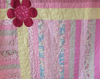 Vintage Handmade Flower Quilt: Pink Stripes, Retro 60s Blanket