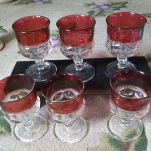 Vintage Indiana Glass Kings Crown Ruby Red Wine Goblet Set - 1960s Barware