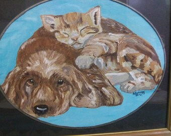 Pintura vintage por números: Cocker Spaniel y gato atigrado, enmarcada