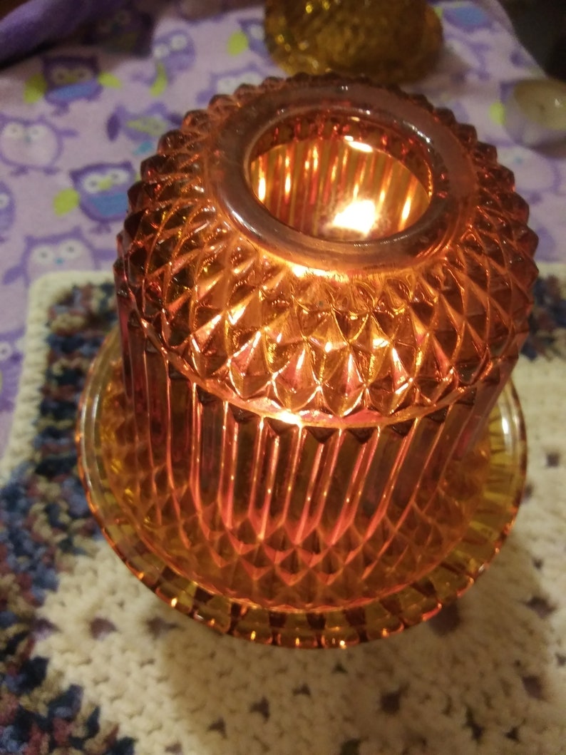 Hurricane Lamp Vintage Indiana Glass Amber Diamond Point Two Piece Fairy Light Candle Holder 6 12 High Brown Color Glass