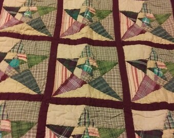 Vintage Handmade Star Quilt: 1970s Sofa Throw, Wall Hanging