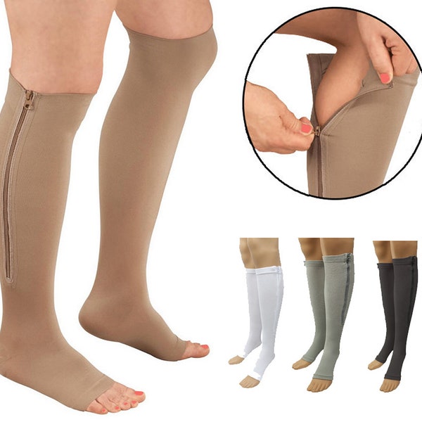 2 Zipper Pressure Compression Socks Support Stockings Leg  - Open Toe Knee High 20-30mmHg - Helps Circulation, Varicose Veins, Swollen Legs