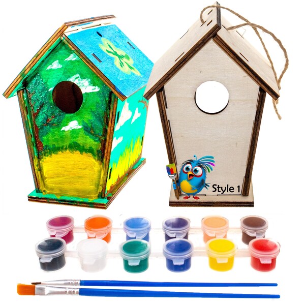 DIY Wood Birdhouse Kit - Easy To Paint & Build Your Own Homemade Bird House - Arts and Crafts for Kids - Includes 12  Paints and 2 Brushes