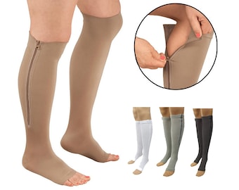 Zipper Pressure Compression Socks Support Stockings Leg  - Open Toe Knee High 20-30mmHg - Helps Circulation, Varicose Veins, Swollen Legs
