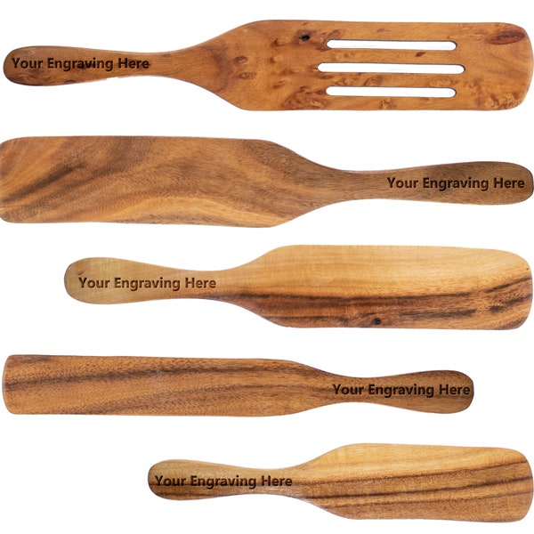 Personalize Engrave Spurtle Spoon Cooking Teak Wood Utensil 5pc Set - Non Stick Wooden Cookware Spatula Spoon  Stir Flip Drain Fold & Smash