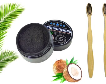 Charcoal Teeth Whitening Toothpaste Powder, Natural Activated Charcoal Coconut Shells + 2 Bamboo Toothbrushes Safe Effective Tooth Whitener