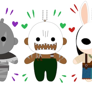 May include: Three plush toys with different characters. The first is a gray monster with a black and white striped shirt. The second is a white monster with a brown shirt and green pants. The third is a white rabbit with a brown shirt and blue jeans.