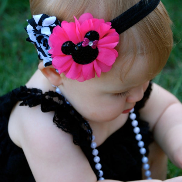 Minnie Mouse Headband, Hot pink and black headband, Baby Headband, Toddler Headband, Hard Headband, Hair Bows, shabby chic