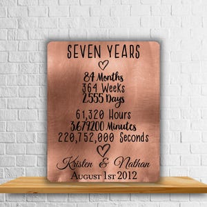 Seven Years, 84 Months, Time Rundown Print, 7th Wedding Anniversary Gift, Custom Copper Metal Wall Print, Personalized Gifts for Couple