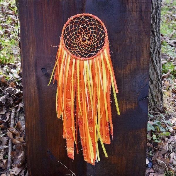 Orange Handmade Dream Catcher with Wooden Bead // Wall Hanging // Gift for Her