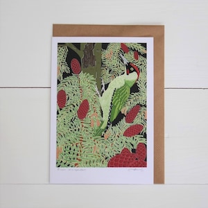 Green woodpecker - Greeting card hand titled and signed
