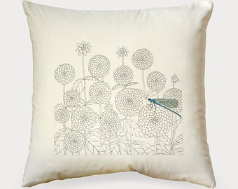 Dahlias & Dragonfly Canvas Cushion Cover