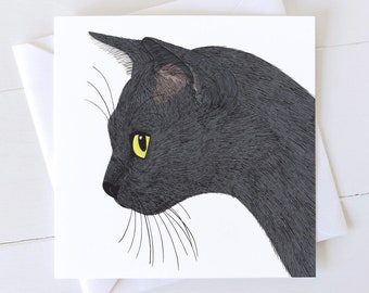 May include: A black cat with yellow eyes is looking to the left. The cat's fur is drawn in a detailed, textured style.