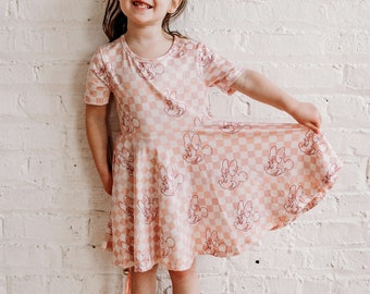 Kids Colorful Checker Minnie Short Sleeve Twirl Dress