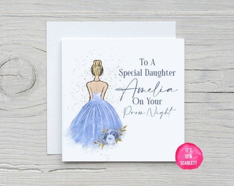Personalised Prom Princess Card | Glitter Baby Blue | Choice of Hair Colour | 6x6&quot; White Square | To A Special Daughter On Your Prom Night
