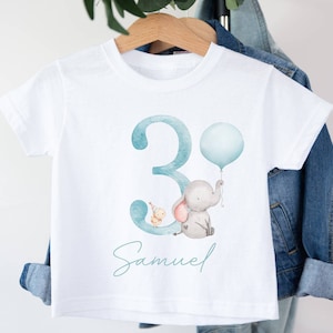 Personalised Kids It's My 3rd Birthday T-Shirt | White Polyester Tee | Jungle Safari Animals Elephant With Balloon | I Am 3 | Blue Option