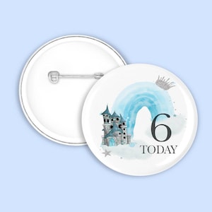 Personalised Blue Princess Rainbow Castle Birthday Badge | I&#39;m Going To Be 1 2 3 4 5 Gift | Pin Badge 38mm or 58mm | Matching Card Available