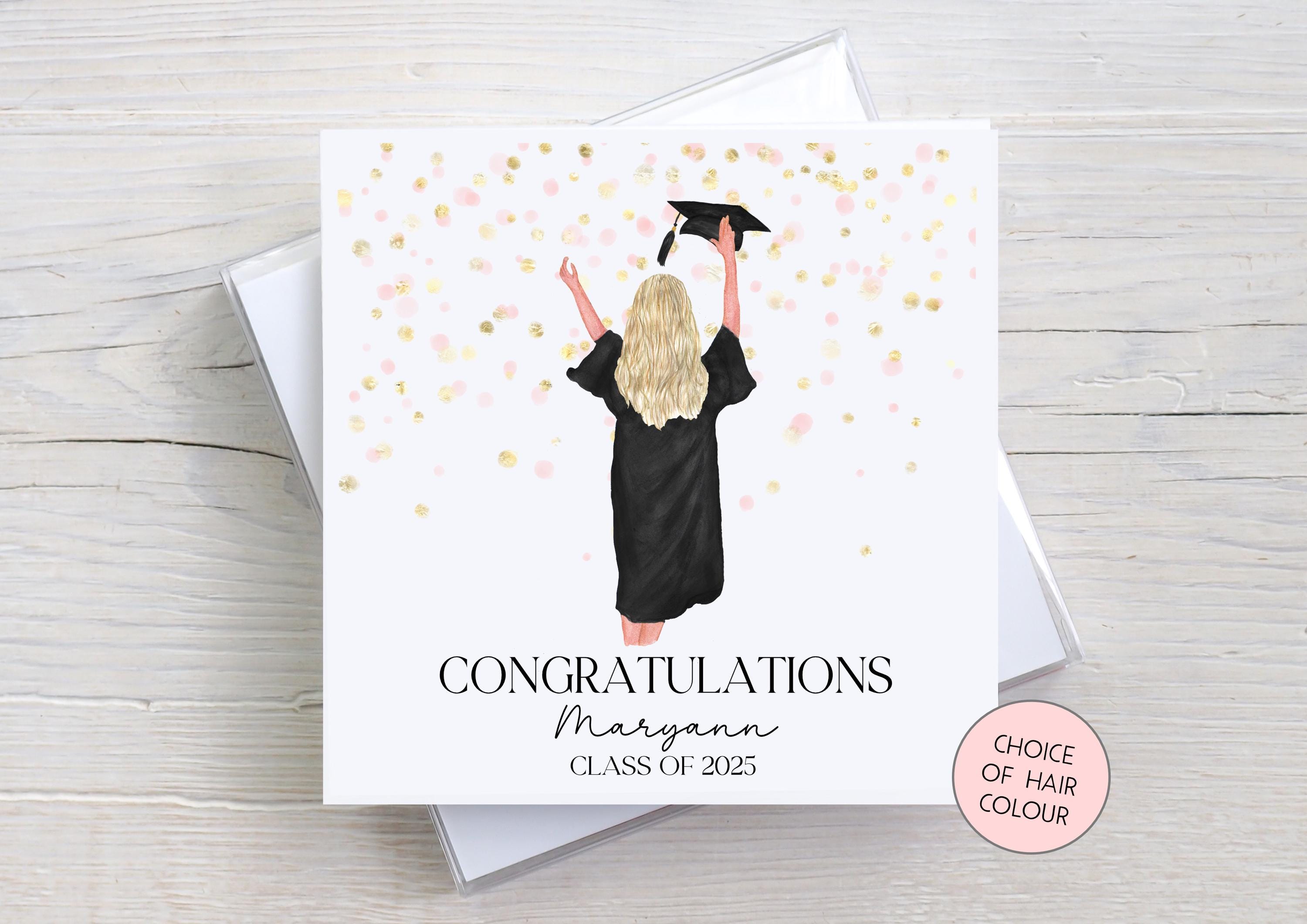 Class Of 2025 Graduation Congratulations Card | 6x6 White Linen Square | Mortar Board & Scroll | Uni Graduate Girl | Choice Of Hair Colour
