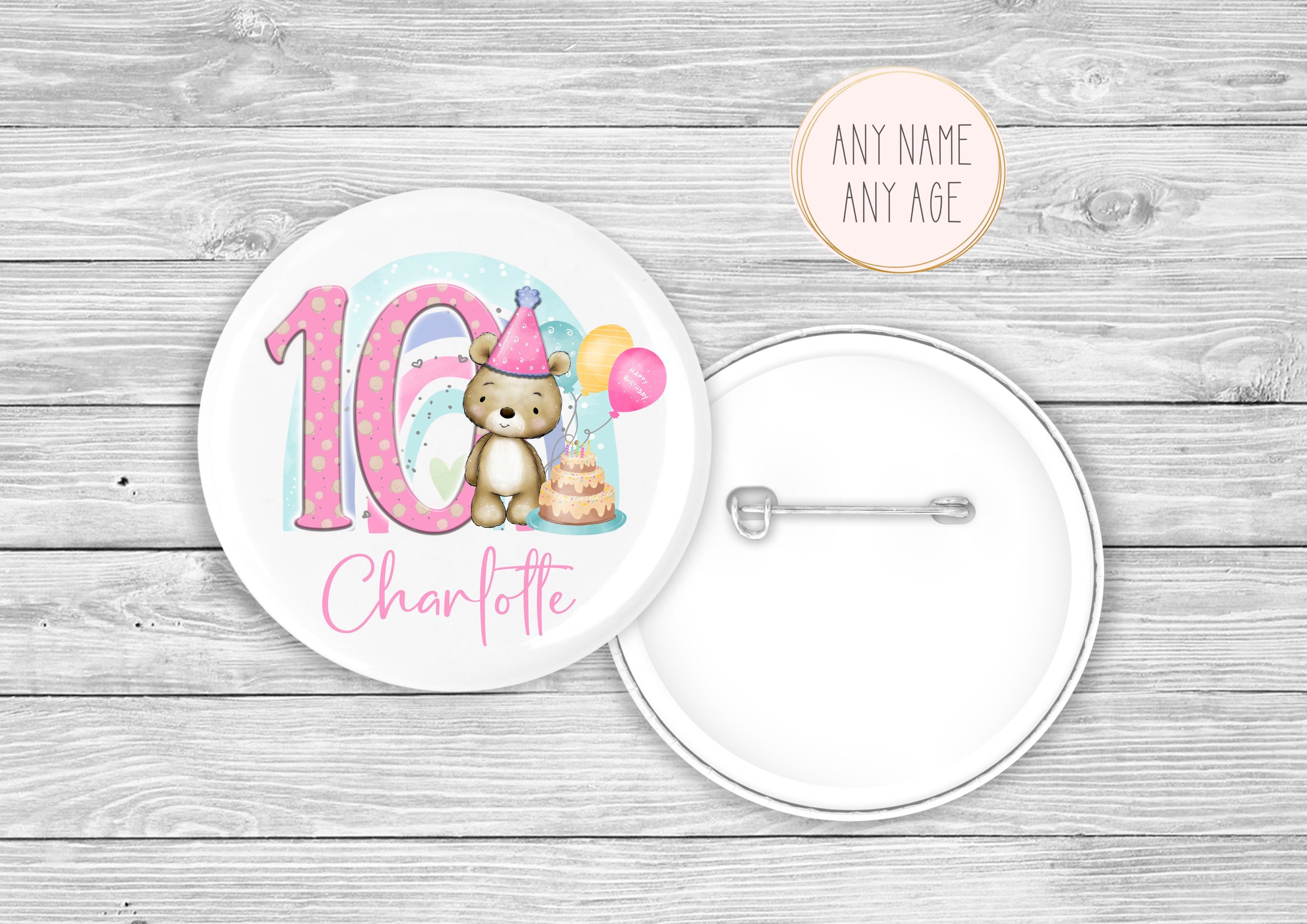 Personalised Pink Rainbow Teddy Bear Birthday Badge | It's My Special ...