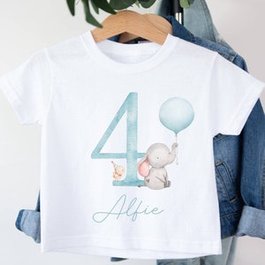 Personalised Kids It's My 4th Birthday T-Shirt | White Polyester Tee | Jungle Safari Animals Elephant With Balloon | I Am 4 | Blue Option