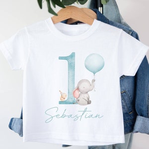 Personalised Kids It's My 1st Birthday T-Shirt | White Polyester Tee | Jungle Safari Animals Elephant With Balloon | I Am 1 | Blue Option