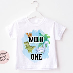 Personalised Kids It's My 1st Birthday T-Shirt | Unisex White Polyester Tee |  Wild One Dinosaur  | I Am 1 | Matching Badge Available