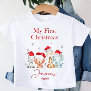 Personalised Kids My First Christmas T-Shirt | White Polyester Tee | Jungle Safari Animals | Xmas Day Tee 2024 2025 |
