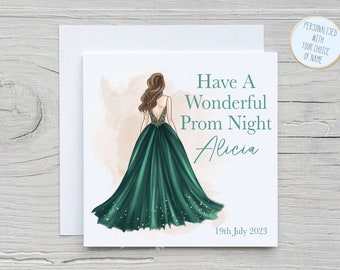 Personalised Prom Princess Card | Emerald Dark Green Dress & Peach | Light Haired Brunette Girl | 6x6 Linen | On Your Prom Night Gift | 2026