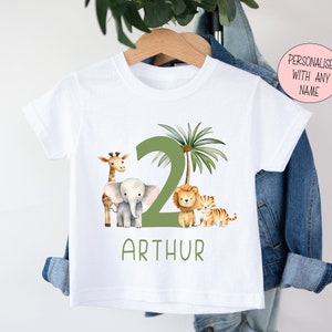 Personalised Kids T-Shirt | White Polyester | Green Jungle Safari Animals | I Am 2 | It's My 2nd Birthday | Two Wild | Unique Party Tee