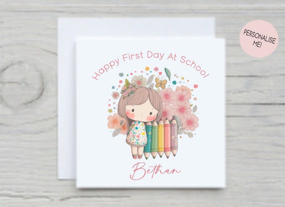 Personalised Happy First Day Of School Card | Pink & Peach Cute Floral Schoolgirl | 6x6" White Linen Square | Back To School 2026 2027 2028
